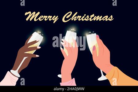 Tre mani che tengono bicchieri da champagne. Atmosfera festosa Illustrazione Vettoriale
