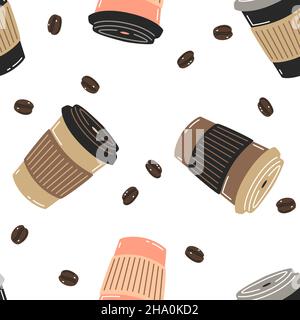 Motivo vettoriale senza cuciture con tazzine di carta colorate di caffè e chicchi di caffè Illustrazione Vettoriale
