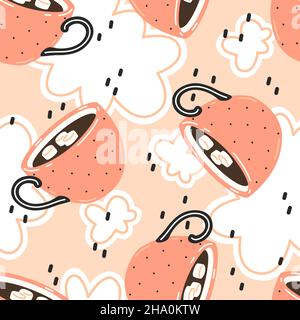 Cioccolata calda con marshmallow in tazze rosa. Pattern vettoriale senza giunture Illustrazione Vettoriale