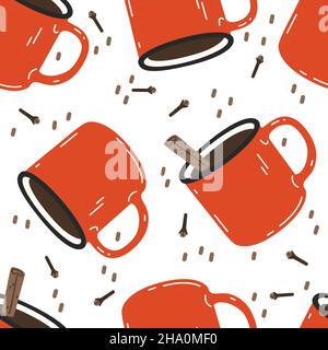 Bevande calde con bastoncino di cannella in tazze di smalto rosso. Pattern vettoriale senza giunture Illustrazione Vettoriale