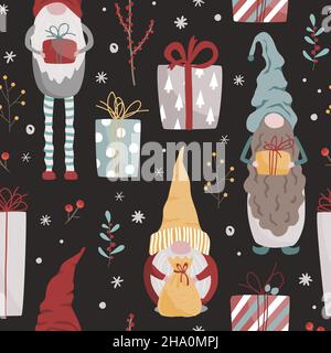 Modello di Natale con gnomi scandinavi, regali, e rami di albero di Natale isolato su sfondo scuro. Illustrazione vettoriale disegnata a mano per l'avvolgimento Illustrazione Vettoriale