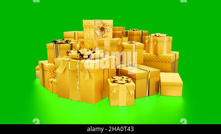 scatole regalo in oro per il nuovo anno o la vendita cyber monday, isolate - oggetto 3D illustrazione Foto Stock