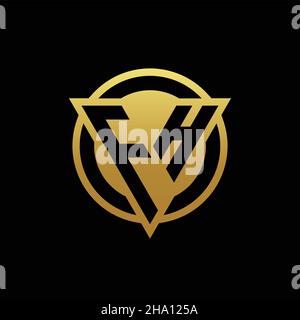 Monogramma con logo FH con forma triangolare e forma circolare arrotondata, isolato sui colori oro e modello di sfondo nero Illustrazione Vettoriale