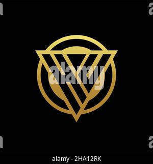 Monogramma con logo HU a forma di triangolo e cerchio arrotondato isolato sui colori oro e modello di sfondo nero Illustrazione Vettoriale