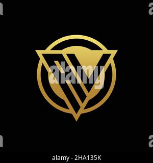 Monogramma con logo AV a forma di triangolo e cerchio arrotondato isolato sui colori oro e modello di sfondo nero Illustrazione Vettoriale