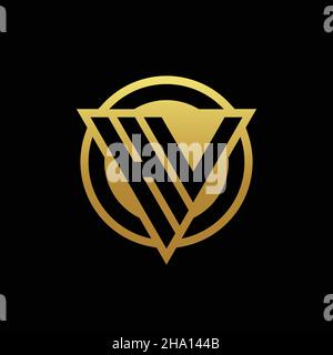 Monogramma con logo HV con forma triangolare e forma circolare arrotondata, isolato sui colori oro e modello di design con sfondo nero Illustrazione Vettoriale