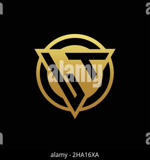 Monogramma con logo LT con forma triangolare e forma circolare arrotondata, isolato sui colori oro e modello di sfondo nero Illustrazione Vettoriale