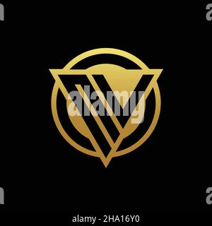 Monogramma con logo NV a forma di triangolo e cerchio arrotondato, isolato sui colori oro e modello di sfondo nero Illustrazione Vettoriale