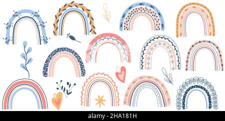 Set di Rainbow in colori pastello. Boho Rainbows perfetto per bambini, poster, borse, cartoline, t-shirt, stampe e altro ancora. Icone vettoriali carine. Illustrazione Vettoriale