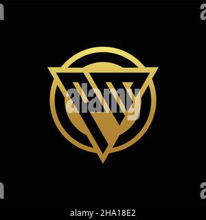 Monogramma con logo PM a forma di triangolo e cerchio arrotondato isolato sui colori oro e modello con sfondo nero Illustrazione Vettoriale