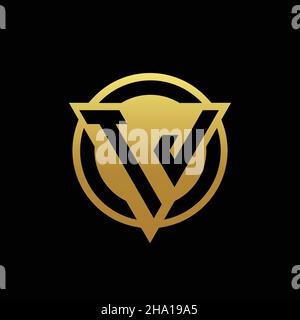 Monogramma con logo TJ a forma di triangolo e cerchio arrotondato isolato sui colori oro e modello con sfondo nero Illustrazione Vettoriale