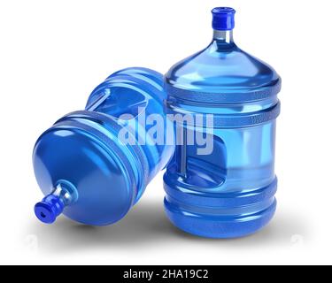 grandi bottiglie d'acqua su sfondo bianco. 3d rendering. Foto Stock