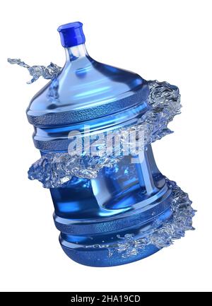 grande bottiglia d'acqua in spruzzi d'acqua isolato su sfondo bianco. 3d rendering. Foto Stock