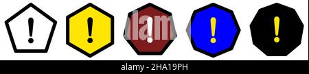 Icona del punto esclamativo nei poligoni con un numero diverso di bordi. Segnale di avvertenza o attenzione Illustrazione Vettoriale