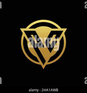 Logo PC monogramma con forma a triangolo e cerchio arrotondato isolato su colori oro e modello di sfondo nero Illustrazione Vettoriale