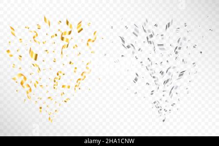 Set di esplosione a confetti. Burst dorato con glitter. Serpentina d'argento con elementi decorativi. Collezione di nastri volanti natalizi. Vettore Illustrazione Vettoriale