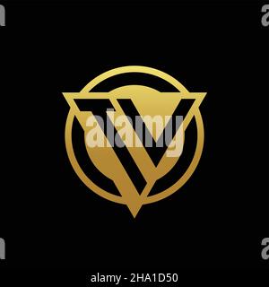 TV logo monogramma con forma triangolare e cerchio arrotondato stile isolato su oro colori e nero sfondo modello Illustrazione Vettoriale
