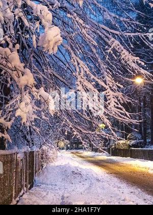 L'inizio dell'inverno, la prima neve. Strade innevate. Foto Stock