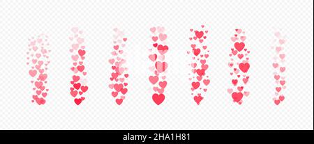 Flying red hearts, mi piace icone per l'interfaccia live streaming. I social media progettano elementi d'amore, di seguito o di reazione. Caduta piccola Illustrazione Vettoriale