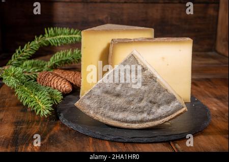 Collezione di formaggi, formaggi francesi di mucca comte, beaufort, abondance, tomo de savoie e coni di abete Foto Stock