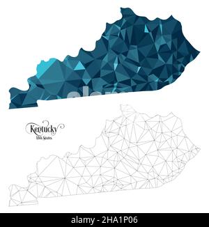 Mappa low Poly dello stato del Kentucky (USA). Illustrazione vettoriale a forma poligonale su sfondo bianco. Stati dell'America. Illustrazione Vettoriale