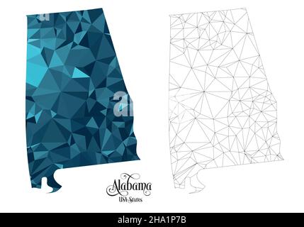 Bassa Poly Mappa dello Stato dell'Alabama (USA). Illustrazione vettoriale a forma poligonale su sfondo bianco. Stati dell'America. Illustrazione Vettoriale
