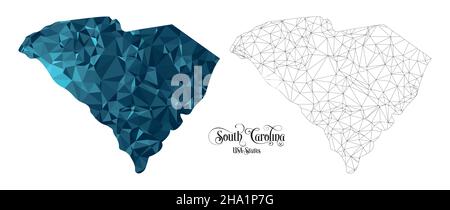 Bassa Poly Mappa dello Stato del South Carolina (USA). Illustrazione vettoriale a forma poligonale su sfondo bianco. Stati dell'America. Illustrazione Vettoriale