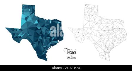 Mappa a basso contenuto di poly dello stato del Texas (USA). Illustrazione vettoriale a forma poligonale su sfondo bianco. Stati dell'America. Illustrazione Vettoriale