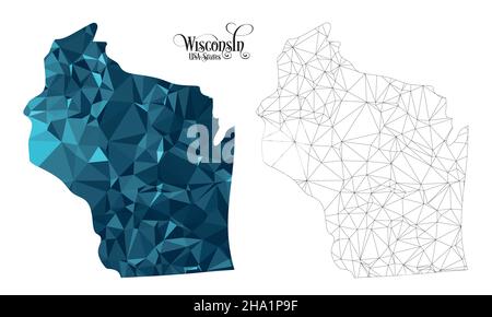 Mappa a basso contenuto di poly dello stato del Wisconsin (USA). Illustrazione vettoriale a forma poligonale su sfondo bianco. Stati dell'America. Illustrazione Vettoriale