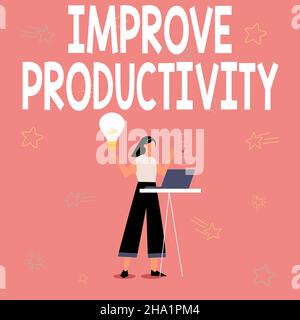 La scrittura a mano migliora la produttività. Parola scritta su migliorare la qualità del tempo di input e le prestazioni Illustrazione di ragazza che usa laptop avere Foto Stock