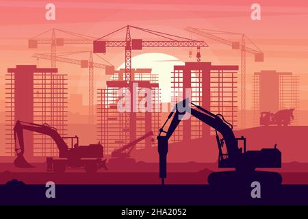 Macchinari pesanti per escavatori gommati, autocarri in cemento, escavatori a martello e gru telescopiche per lavori di costruzione di edifici con sfondo tramonto Illustrazione Vettoriale