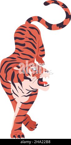 Ruggente tigre animale con coda lunga mammifero esotico Illustrazione Vettoriale