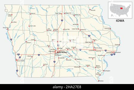 Mappa stradale dello stato americano dell'Iowa Illustrazione Vettoriale