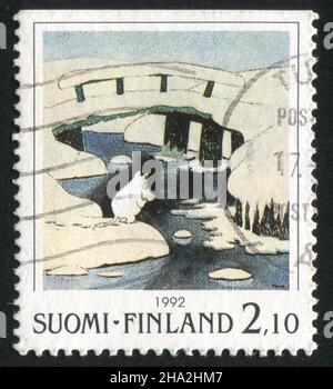 FINLANDIA - CIRCA 1992: Francobollo stampato dalla Finlandia, mostra Ponte coperto da ghiaccio, circa 1992 Foto Stock