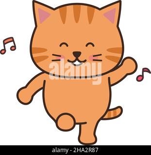 Gatto tabby ballare felicemente con note musicali. Illustrazione vettoriale isolata su sfondo bianco. Illustrazione Vettoriale