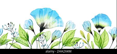 Bordo senza cuciture floreali. Fiori astratti acquerelli e foglie verdi fresche in linea orizzontale. Illustrazione disegnata a mano botanica per matrimonio primaverile Foto Stock