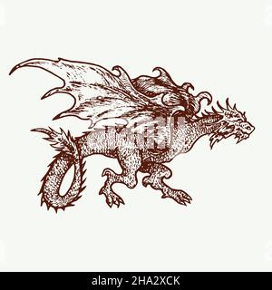 Tipo Dragon wyvern, schizzo di scarabocchio disegnato a mano, illustrazione di disegno a inchiostro Foto Stock