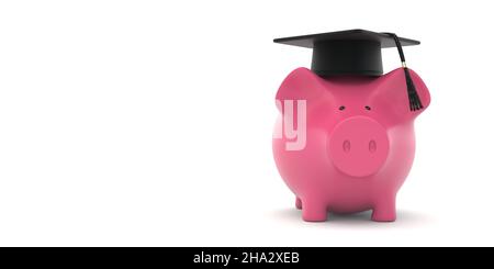 Piggy Bank studente laureato con tappo di laurea, isolato su sfondo bianco, spazio. Costo delle lezioni universitarie, prestito di diploma di laurea, studiarshi Foto Stock