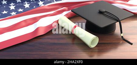 Istruzione e studi negli Stati Uniti. Bandiera americana, università, diploma universitario rotolare su sfondo ufficio in legno. Diploma di studenti della scuola degli Stati Uniti. Foto Stock