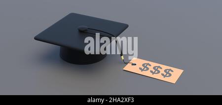 Costo delle lezioni universitarie, prestito studentesco, borsa di studio. Cappello universitario laureato con prezzo tag, US dollari segno, sfondo grigio. Budget per l'istruzione negli Stati Uniti. 3d Foto Stock