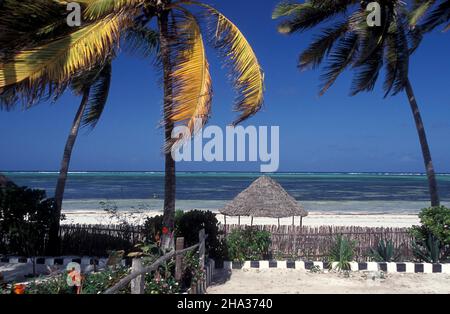 Un ristorante e pensione sulla spiaggia con il paesaggio sulla costa orientale al villaggio di Bwejuu sull'isola di Zanzibar in Tanzania. Tanzani Foto Stock