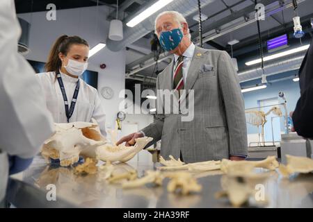 Il Principe del Galles parla con gli studenti durante una visita per aprire la nuova Scuola di Scienze veterinarie della Aberystwyth University, Penglais, Aberystwyth, Cerediaion, Galles. Data immagine: Venerdì 10 dicembre 2021. Foto Stock