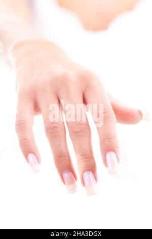 mano, aperta, interna, anteriore, manutenzione, palmo, uno, piatto, forma, borsa da donna, bello, top, dita, giovane, tenero, donna, unghie, bianco, morbido, da solo, detai Foto Stock