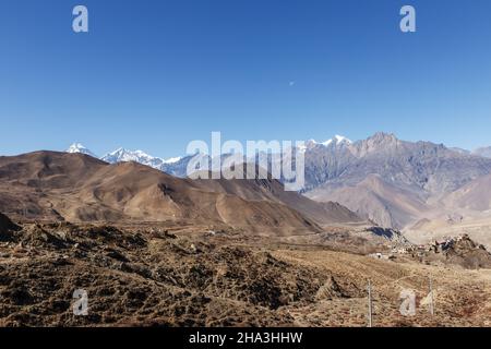 Vista del villaggio di Jharkot. Distretto di Mustang, Nepal Foto Stock