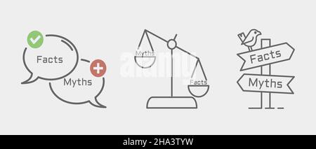 Illustrazione fatti vs miti. Set di icone stile piatto. Isolato su sfondo bianco. Illustrazione Vettoriale