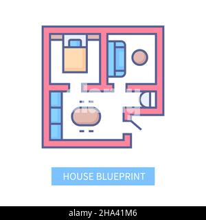 House Blueprint - icona di stile linea moderna su sfondo bianco. Disposizione dettagliata ordinata dell'appartamento con quattro sezioni - camera da letto, soggiorno, toilette Illustrazione Vettoriale