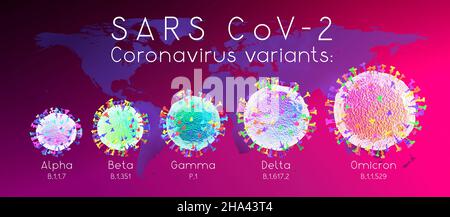 SARS-cov-2 Covid-19 Coronavirus varianti: Alfa, beta, gamma, delta, omicron - 3D illustrazione Foto Stock