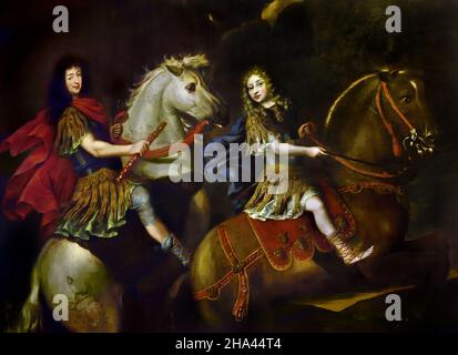Ritratto equestre di Carlo Emanuele II, duca di Savoia, con suo figlio Vittorio Amadeo II Giovanni Battista Brambilla1675 ( dettaglio ) Torino Palazzo reale - il Palazzo reale di Torino è un palazzo storico della Casa Savoia, italiano, ( il cavallo del duca e l'abbigliamento in vecchio stile del duca ricordano il modello fornito da Pierre Mignard nel famoso ritratto di Luigi XIV di Francia, ora a Versailles ) Foto Stock