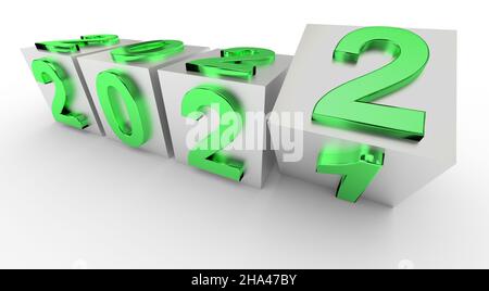 Concetto di vacanza di nuovo anno. I cubi con numero 2022 sostituiscono 2021. rendering 3d Foto Stock