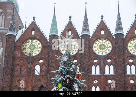 Stralsund, Germania. 10th Dic 2021. Il municipio e l'albero di Natale al mercatino di Natale di Stralsund sono 'coperti' di neve. Credit: Stefan Sauer/dpa/Alamy Live News Foto Stock